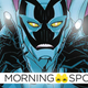 Blue Beetle Jaime Reyes jumps forward toward the viewer in his black and blue armor in a closeup from DC Comics Blue Beetle #2 variant edition, art by Cully Hamner.
